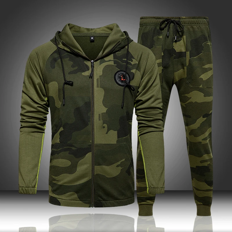 Chándal de camuflaje deportivo para hombre, conjunto de Sudadera con capucha, chaqueta + Pantalones, Otoño, 2 piezas