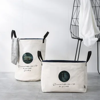 

Nordic Household Canvas Basket Drawstring Folding Dustproof Basket Toy Sundries Large Capacity Storage Handle Bag Round/Square
