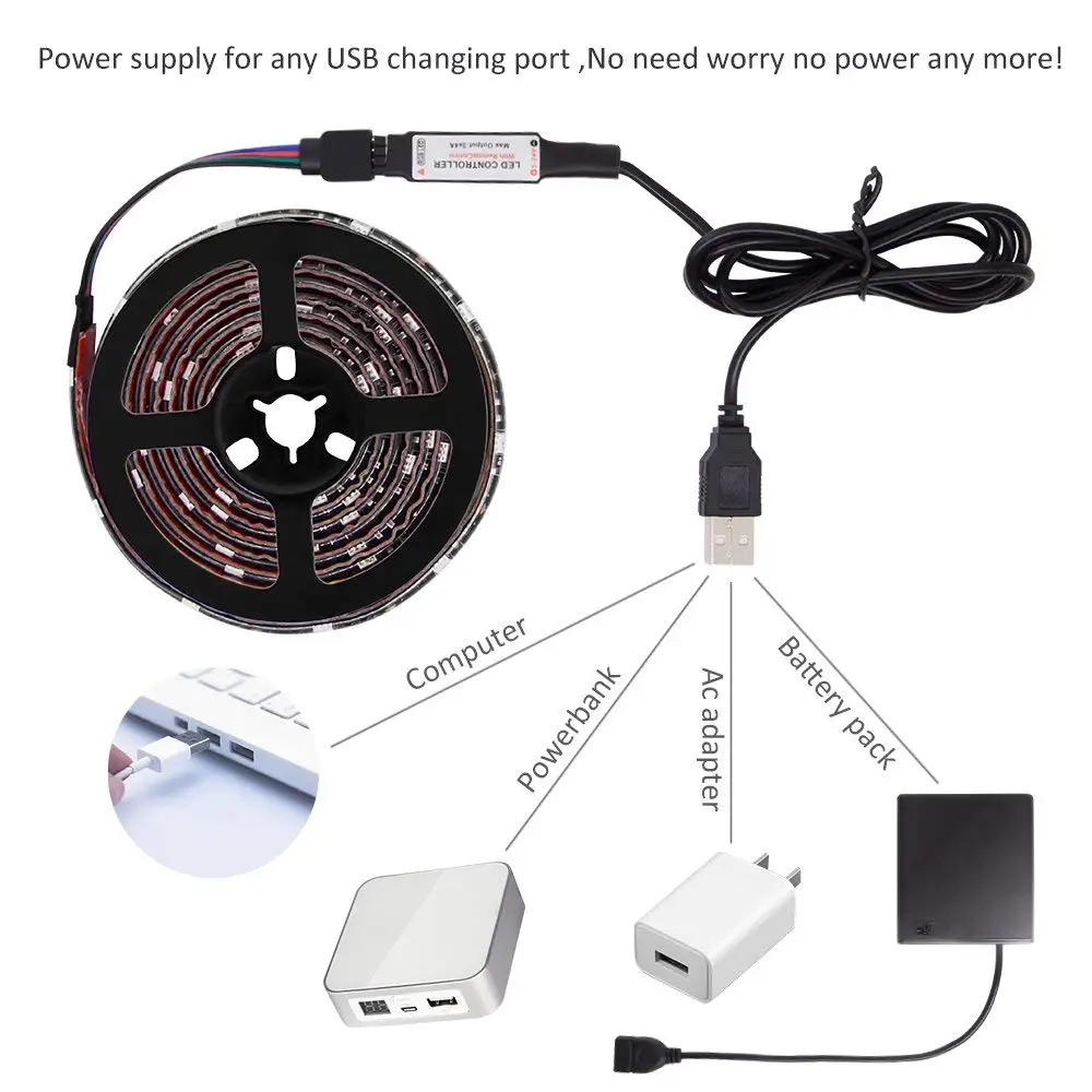 LED Strip Lights Battery Operated USB Powered TV Backlight, LED Strip Battery Powered with RF Remote Waterproof RGB LED Strip