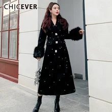 CHICEVER лоскутное меховое популярное цветное Женское шерстяное пальто с v-образным вырезом и длинным рукавом с высокой талией на шнуровке, Женская куртка большого размера Новая мода