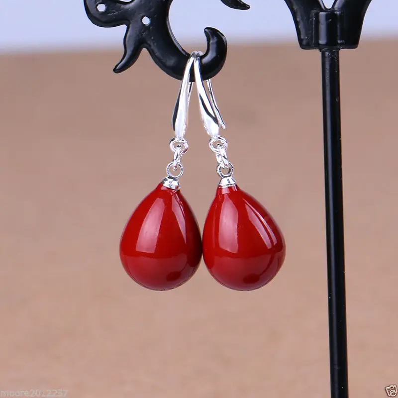 Fashion 12x16mm Coral Red Shell Pearl Drop Pendant Necklace Earring Jewelry Set