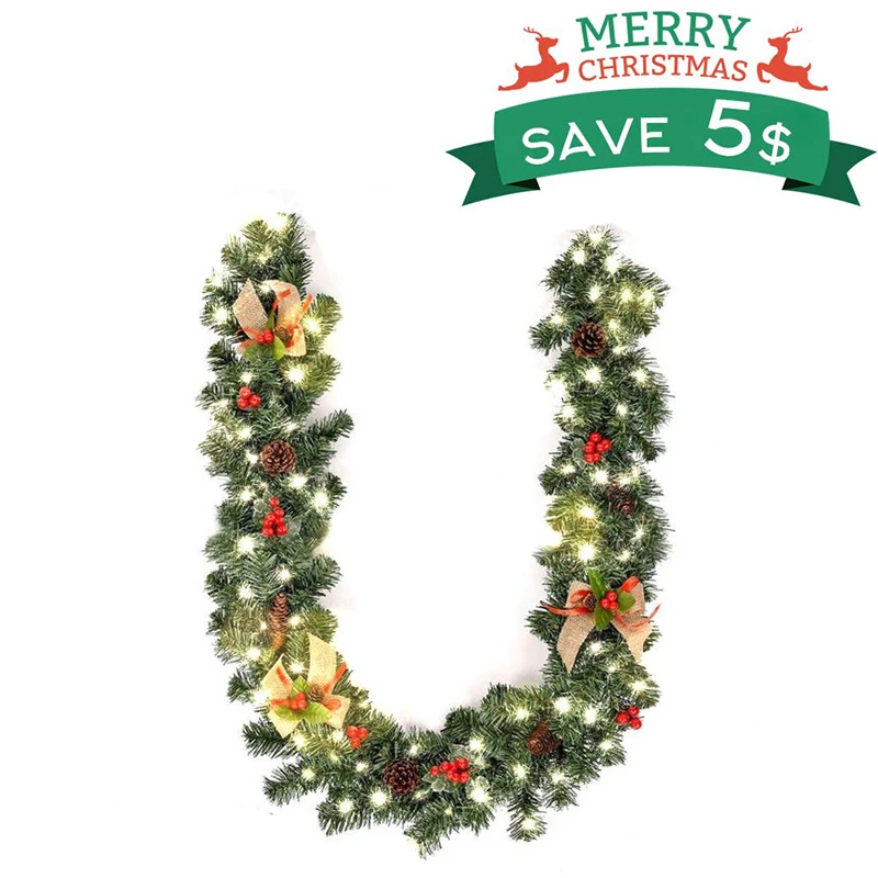

1.8M Christmas Decoration Bar Tops Ribbon Garland Christmas Tree Ornaments Green Tree Cane Tinsel Party Supplies With Light