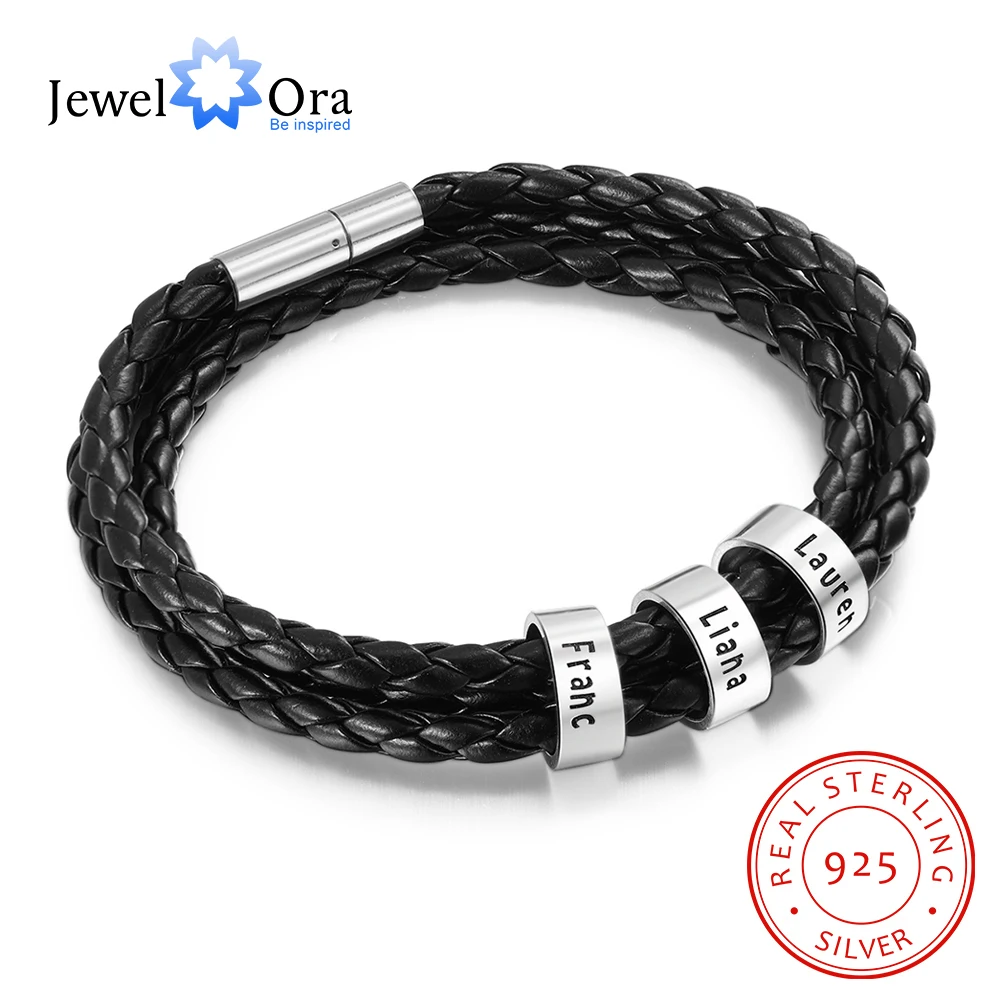 

JewelOra 925 Sterling Silver Personalized Men Bracelet with Custom Name Beads 2-5 Charms Black Leather Bracelets for Men Jewelry