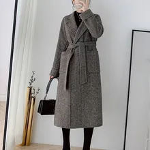 Элегантное шерстяное пальто с карманами, женское длинное шерстяное пальто с отложным воротником, повседневное зимнее приталенное теплое пальто с поясом