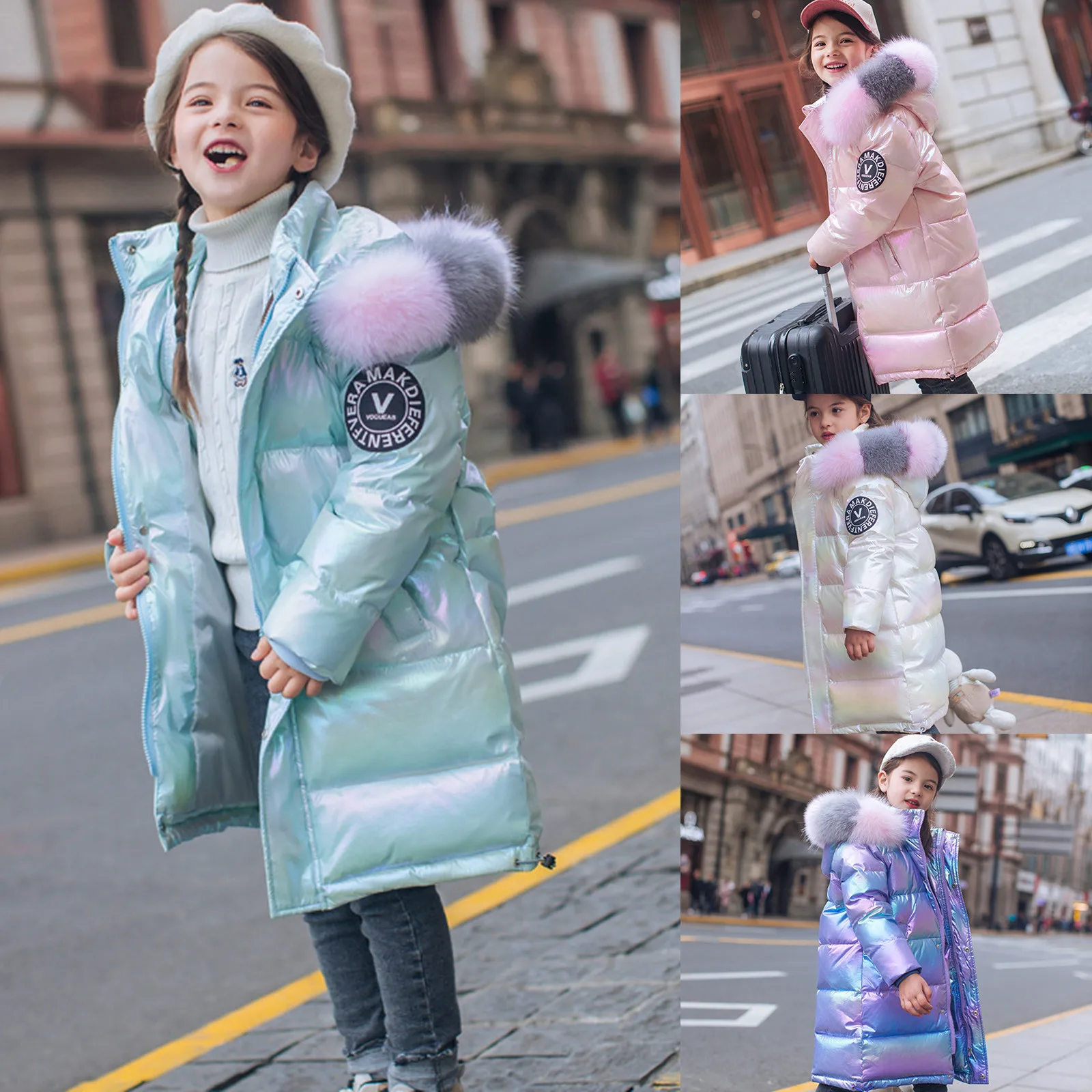

Reflective laser jacket Kids Girls Boys Winter Warm Thick Hooded Down Coat Down Jacket Padded Overcoat Colorful Korean lithe M5