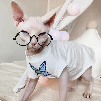 

Hairless Cat Clothes Sphinx Devon Short New Butterfly Handsome Street T-shirt Kitty Clothes For Pet Small Dog