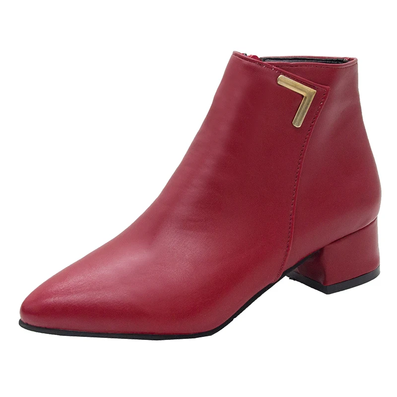 Женские ботинки однотонные простые ботильоны для женщин с острым носком на толстом квадратном каблуке без застежки; сезон осень-зима; большие размеры - Цвет: red pu
