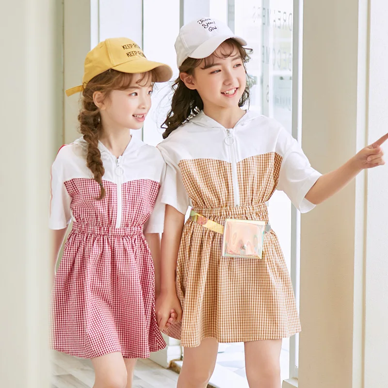 

Si bei xiu Childrenswear 2019 Summer New Style Korean-style Girls Dress Short Sleeve Hooded Children Women's Mixed Colors Skirt