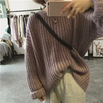 

Women Autumn Winter Vintage Loose Sweaters Solid Color Slim Long-Sleeved Round Collar Bottom Knit Sweater