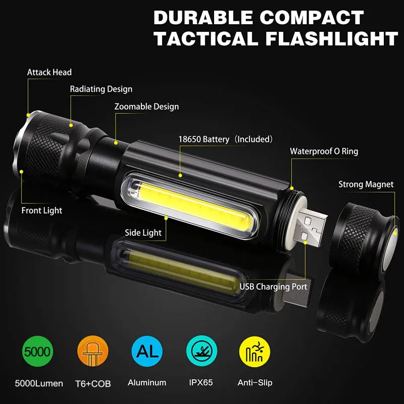 BRELONG 5000LM Multifunction LED Flashlight USB Rechargeable Battery Powerful T6 Flashlight Side COB Lighttail Magnet Work Light