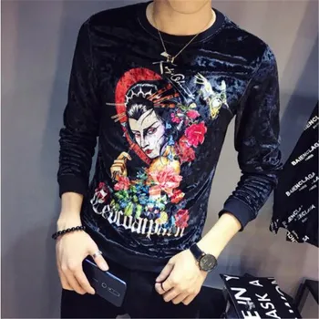 

2019 Spring Fashion Men Slim Fit Long Sleeve O Neck Velvet T Shirt Luxury Men T Shirt Design Printing T Shirt Homme Club Outfit