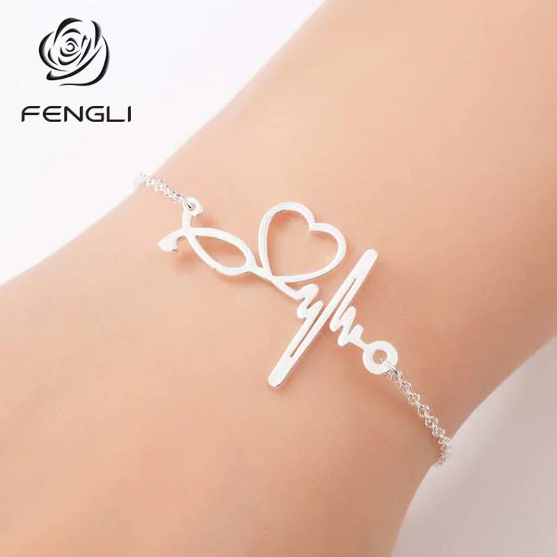 FENGLI браслет с сердцебиением и браслеты Золотое сердце ювелирные изделия для женщин аксессуары из нержавеющей стали