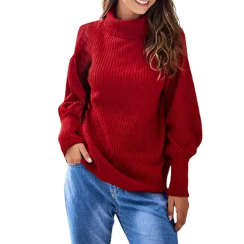 

Red Winter Warm Soft Turtleneck Sweater Solid Loose long Lantern Sleeve Knitted Pullover Sweaters Jumper Female Clothes Tops