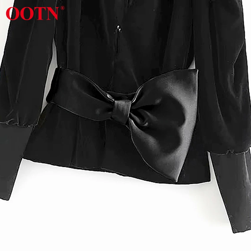 OOTN, сексуальная Осенняя женская блузка с v-образным вырезом, винтажная, с галстуком-бабочкой, с поясом, с пышными рукавами, бархатная рубашка, женские зимние черные блузки,, женские топы