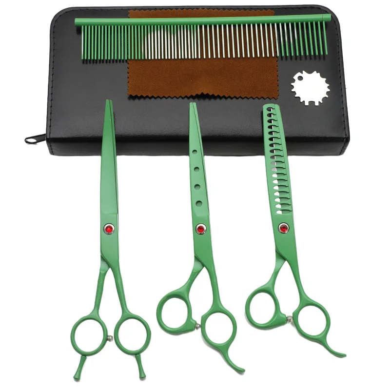 

7 Inch Green Professional Japanese Stainless Steel Hair Cutting Thinning Curved Scissors Pet Grooming Set