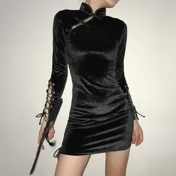 

Lychee Girls Buckle Velvet Cheongsam Women Dress Stand Collar Mini Spring Autumn Lady Dress Lace Up Slim Vintage Female Dresses