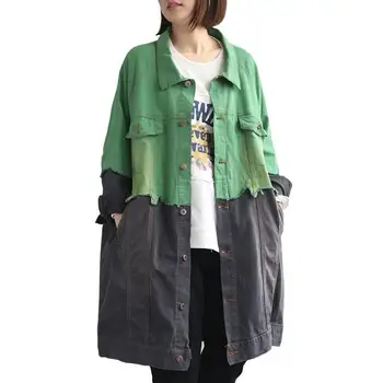 

Denim Long Sleeve Patchwork Jacket Windbreaker Coats Pockets Women Casual Single-Breasted Long Jacket Outerwear Coats