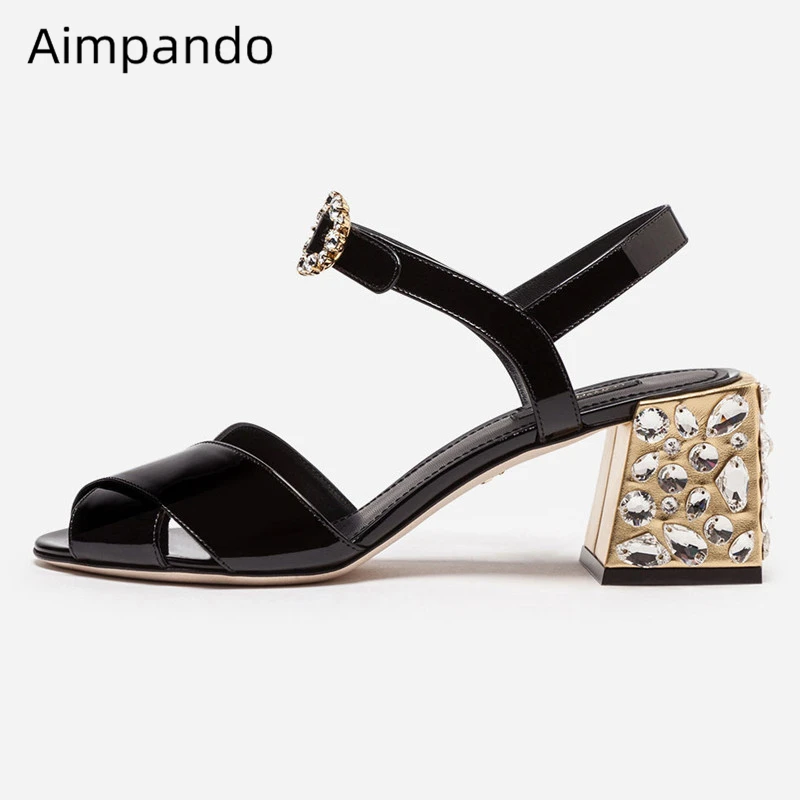 

Cross-belt Ankle Strap Gladiator Sandals Women Bright Patent Leather Jeweled Rhinestone High Heel Summer Sandalias Mujer