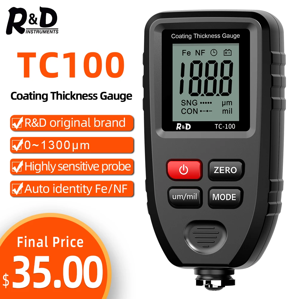 R&D TC100 Coating Thickness Gauge 0.1micron/0-1300 Car Paint Film Thickness Tester Measuring FE/NFE Russian Manual Paint Tool