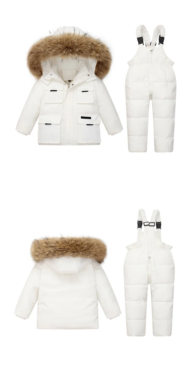 30 Grad russische Winter Kinder Jungen 2 stücke Kleidung Set wasserdichte echte Pelz Daunen jacke für Mädchen Kinder Overall Jungen Overalls – Detail 4