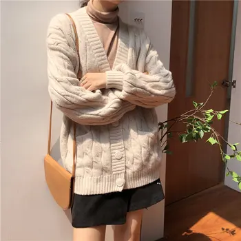 

HziriP Autumn New 2019 Solid Thicken Twisted Casual V-Neck Cardigans Students Stylish Full-Sleeved Brief Women Basic Sweaters