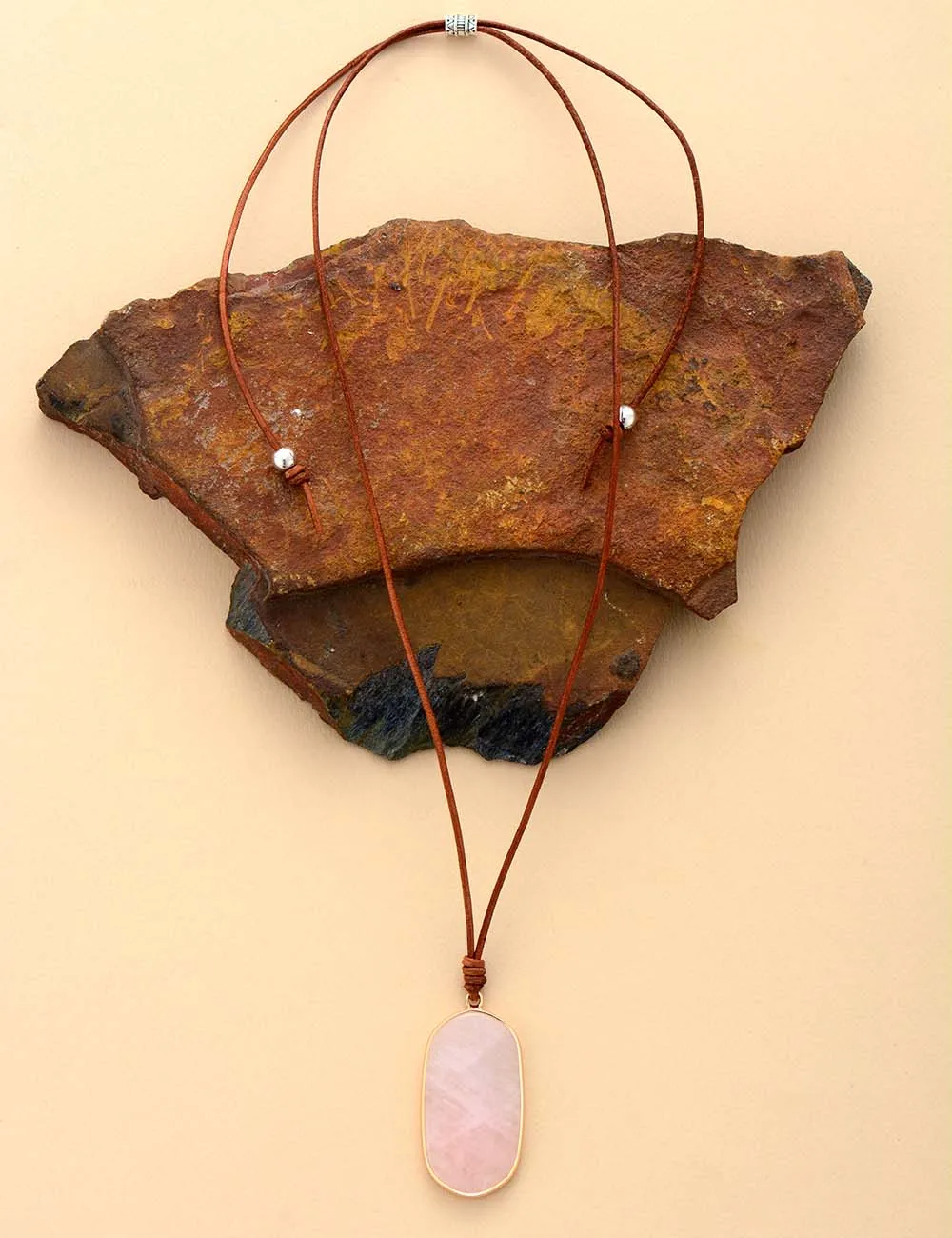 Natural Stone Pendant Necklace Rose Quartzs Adjustable Leather Necklace Unique Simple Jewelry Women Femme Homme Bijoux - Image 2