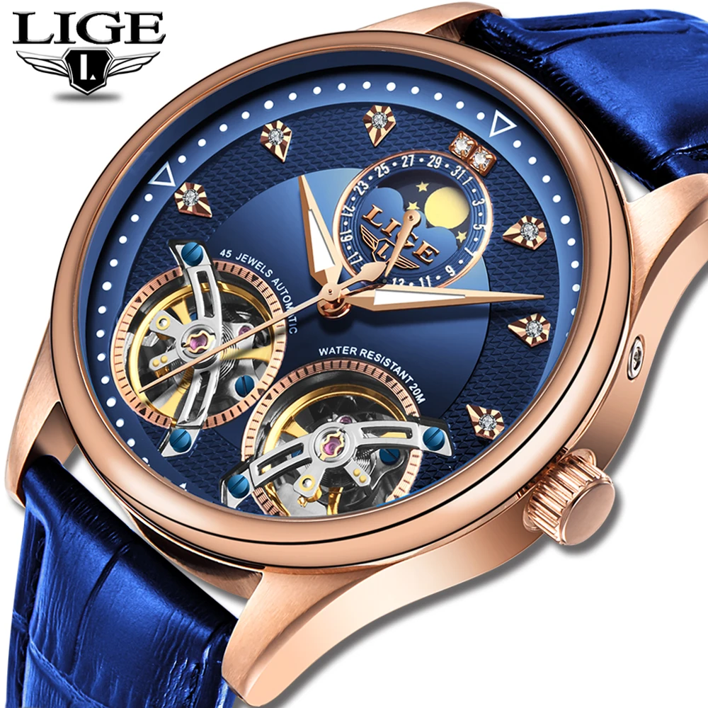 

2020 LIGE New Men Watch Automatic Mechanical Watch Tourbillon High end watch Genuine Leather Waterproof Watch Relogio Masculino