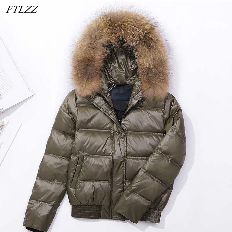 

Куртка FTLZZ женская короткая с капюшоном и воротником из натурального меха, пушистая теплая Модная приталенная плотная верхняя одежда, зима 90%