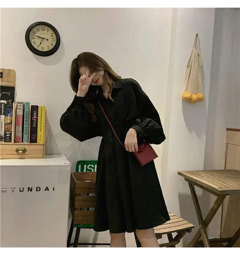 Dress Women Korean Elastic Waist Design Vintage Black Simple Summer Womens Vestidos Lantern Sleeve Trendy Preppy Girls Dresses mini dress