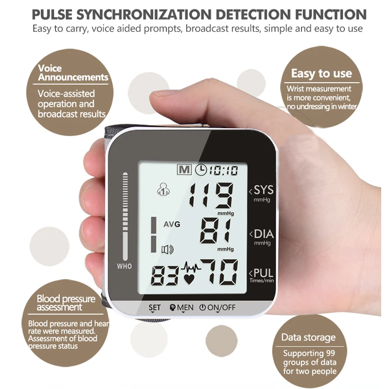 Электрический наручный Монитор артериального давления, голосовое вещание, 2 человека, Память данных, большой ЖК-экран, пульсирующий монитор, сухой Bttery power
