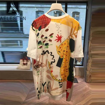 

AELESEEN Casual Summer T-Shirt Women 2020 High Quality White Cartoon Animal Print Long Loose Style Ladies T-Shirts
