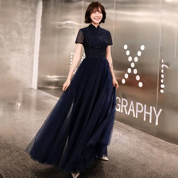 

Navy Blue Evening Dresses K319 High Collar Elegant Party Dress 2020 Short Sleeve Robe De Soiree A-Line Long Women Formal Gowns