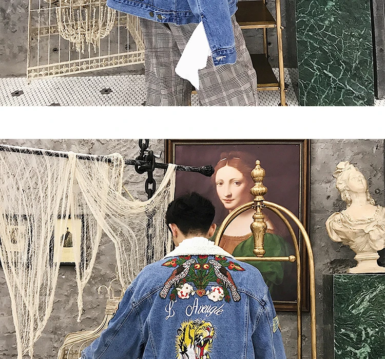 EWQ / New Fashion Short Embroidered Velvet Denim Jacket Men Loose Casual Chinese Style Chamarra De Mezclilla Dama 9A169