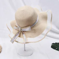 2020 New Sun Hats for Women Girls Wide Brim Floppy Straw Hat Summer Bohemia Beach Cap Ribbon Chapeau Femme Ete Black 4