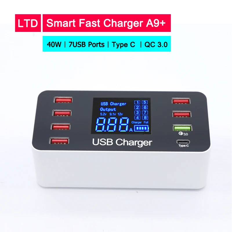 

Universal 40W USB Quick Charger 5V 8A QC 3.0 for iPhone Fast charging 7 USB Ports with Type C Port for Huawei For Oneplus Phone