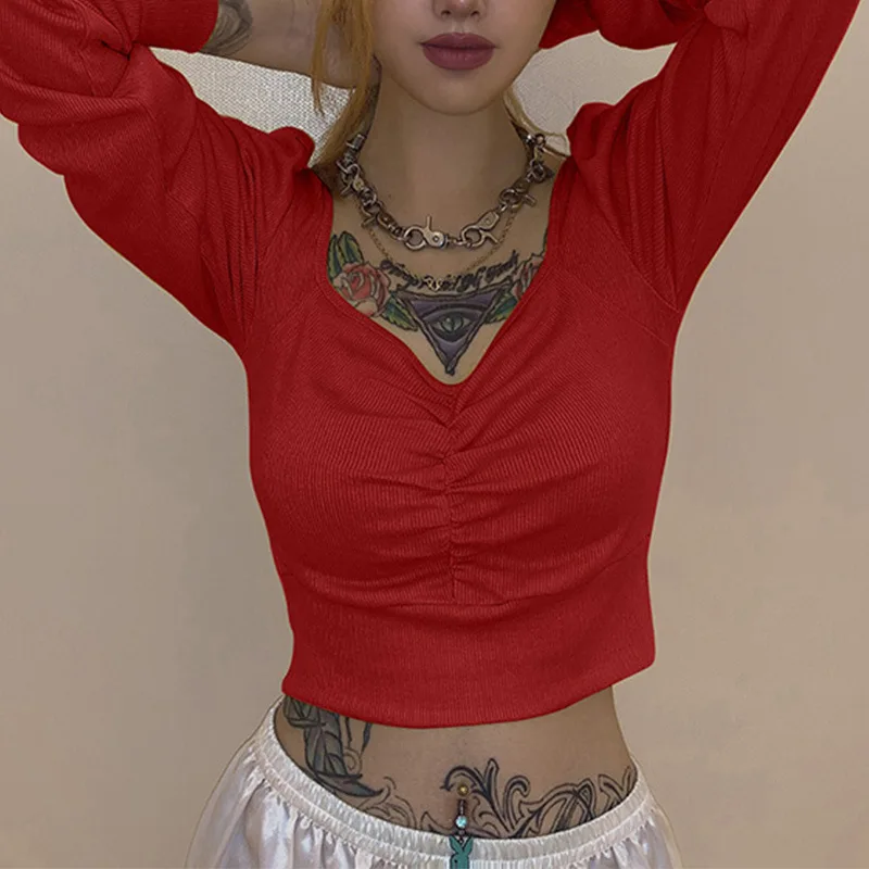 Hot sale 2019 Autumn women tops new Full sleeved sexy V-neck slim Knitted Undershirt Solid Color Wild Short dew navel blouses - 4.0004E+12