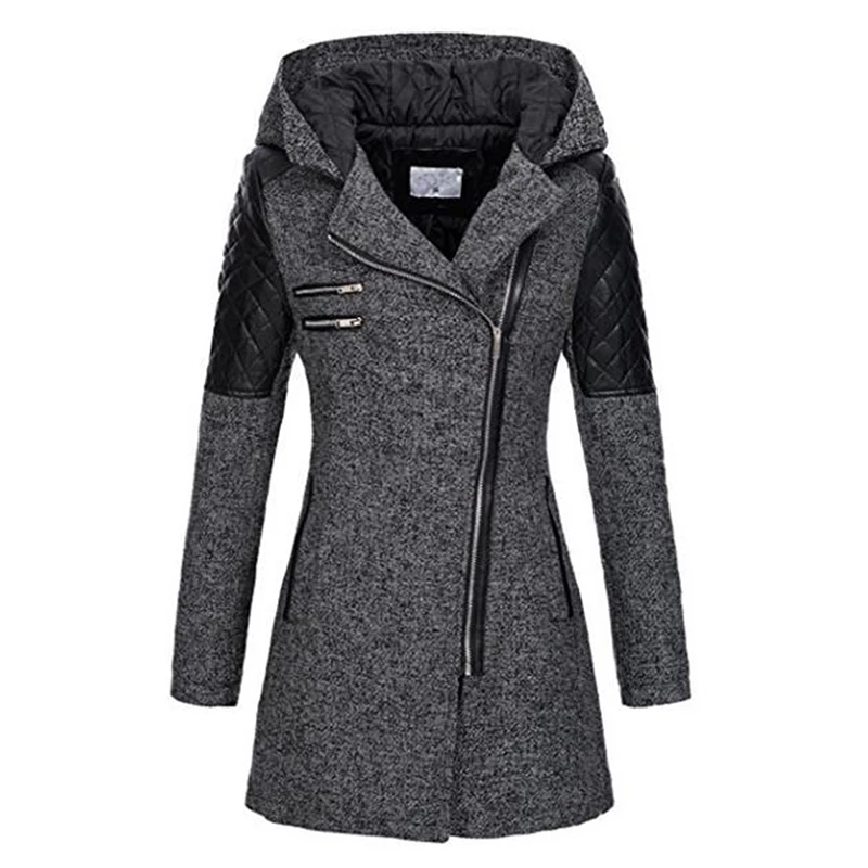 Offerte Delle donne di Inverno Con Cappuccio del Cappotto di Autunno Della Chiusura Lampo Sottile Della Molla Della Tuta Sportiva di Modo Della Rappezzatura Nero Femminile Caldo Antivento Cappotti