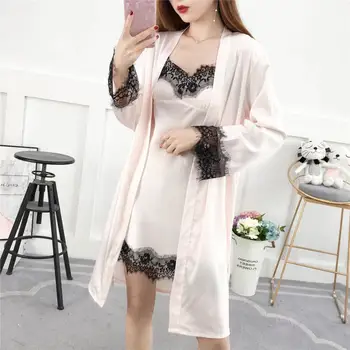 

2 Piece Set Women Silk Solid Kimono Robes Sexy Lingerie Women Wedding Party Bridesmaid Robe Satin Nightgown Bathrobe Pijam