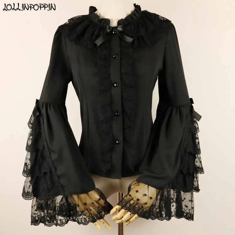 Womens Lace Shirt Blouse Ruffle Puff Sleeve Stand Collar Top Gothic Victorian 