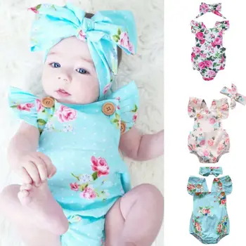 

0-24M Adorable Baby Girls Floral Romper Summer Infant Toddler Baby Girl Short Ruffle Sleeve Clothes Sunsuit Set