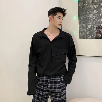 

New Male Streetwear Vintage Fashion Packet Pullover Tee Shirt Men Turn Collar Long Sleeve Casual T-shirt