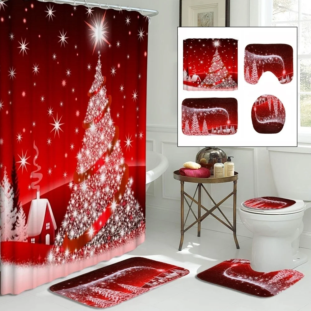 

Red Christmas Trees Toilet Seat Cover Shower Curtain Anti-Slip Mat Toliet Rug Christmas Bathroom Curtains for Home Decoration