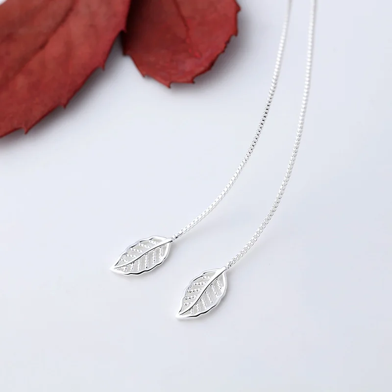 

Simple style Silver Punk Leaves Box Chain Drop Earrings 925 Olive Leaf Long Tassels Earrings For Women Girl Fashion Jewelry