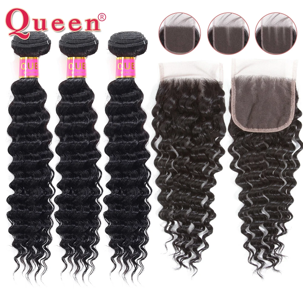 

Queen Products Malaysian Deep Wave 3/4 Bundles With Lace Closure Remy Human Weave Hair Bundles With Free/Middle Part Closure