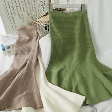 Тонкая женская винтажная юбка русалки, эластичная талия, Осень-зима, одноцветная длинная юбка для женщин, Jupe Longue Falda Larga Gonne