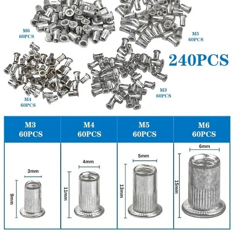 240 шт. M3/M4/M5/M6 заклепочная гайка Алюминий Rivnut плоской головкой заклепки с резьбой