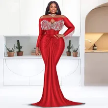 

Velvet Red African Prom Dresses Beaded Mermaid Arabic Formal Dresses Long Sleeve Evening Party Gowns Aso Ebi