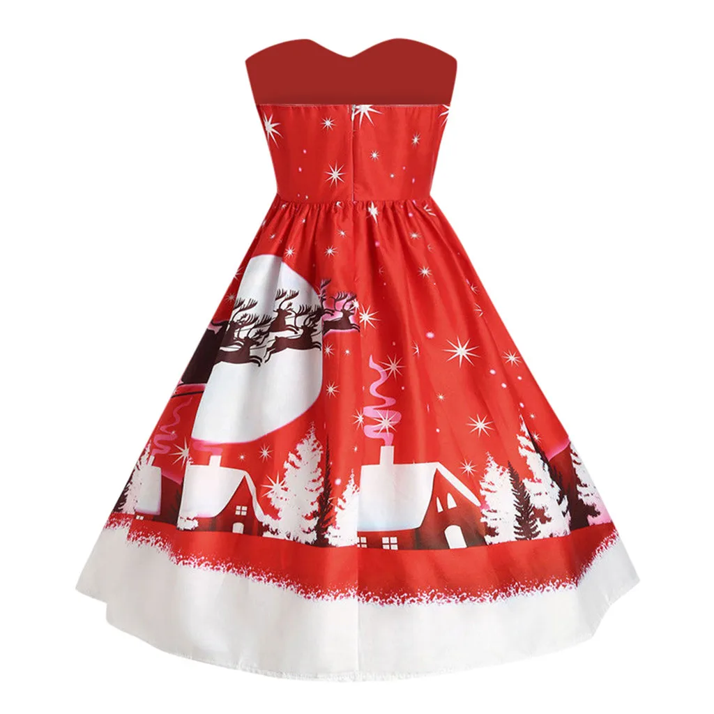 Autumn Elegant high waist dresses Christmas Printed Dress For Women Vintage Short Sleeve Bow Knot A-Line Swing Dress Suit