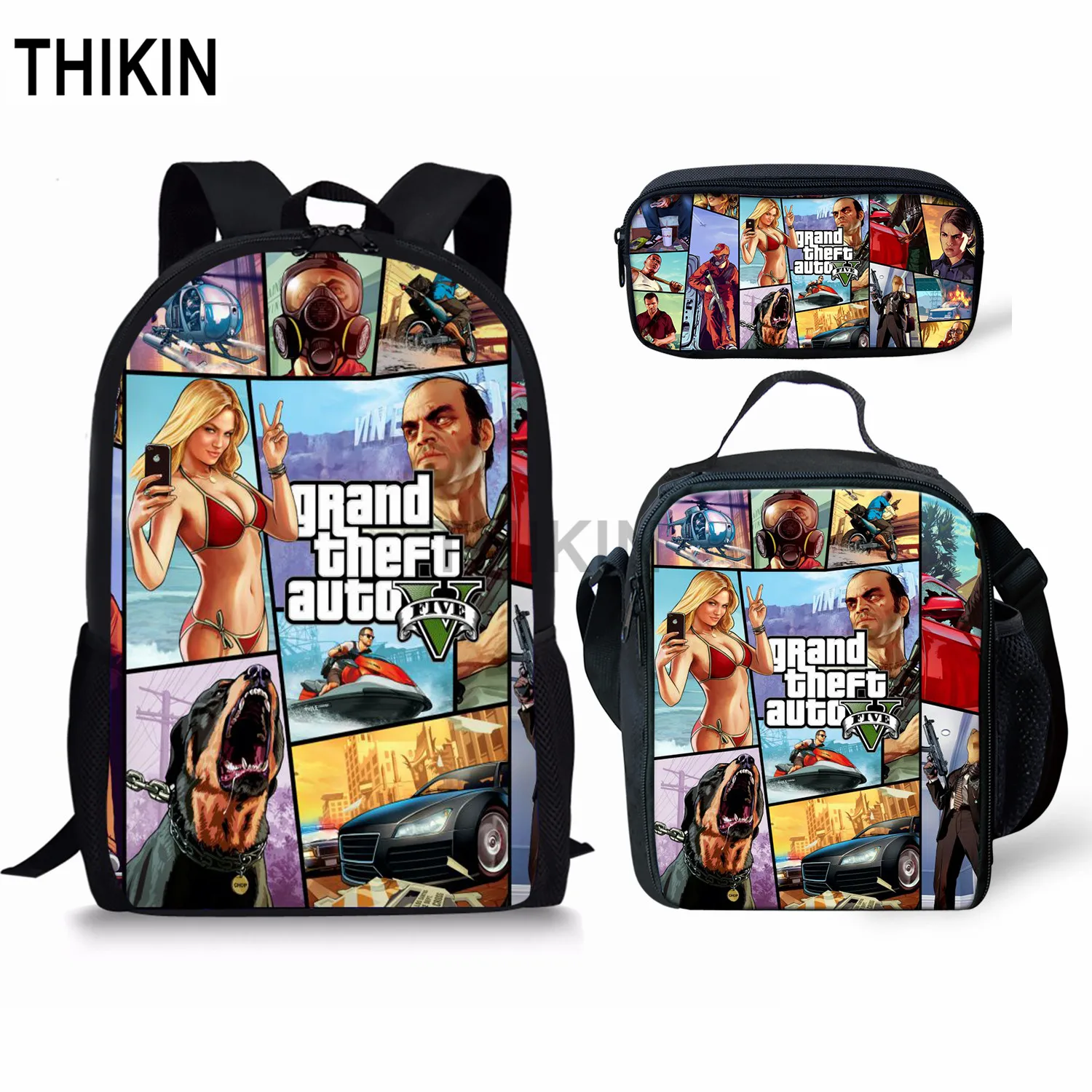 cheap THIKIN Grand Theft Auto School Bags for Teenage Boys 3pcs set Shoulder Bags Cool Game GTA Backpack Set for Girls Student Mochila