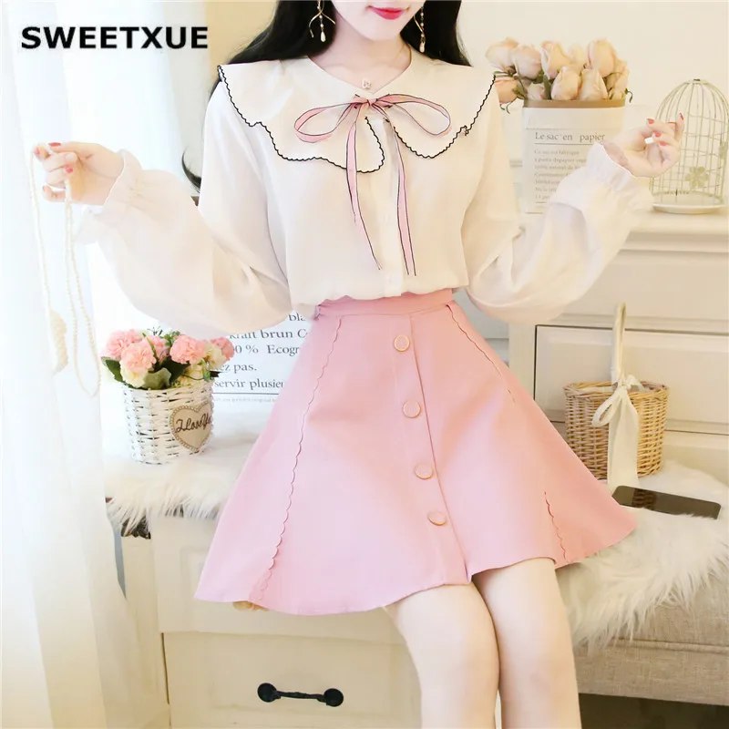 SWEETXUE-Conjunto de 2 de falda Kawaii para mujer, traje con cuello de muñeca, camisa con lazo + minifalda de cintura alta de un solo pecho - AliExpress Ropa de